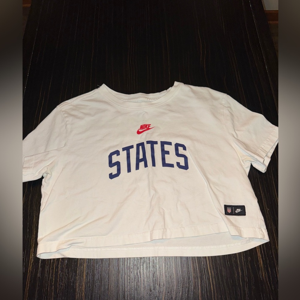Nike White Crop Top with Red Logo and Blue Text